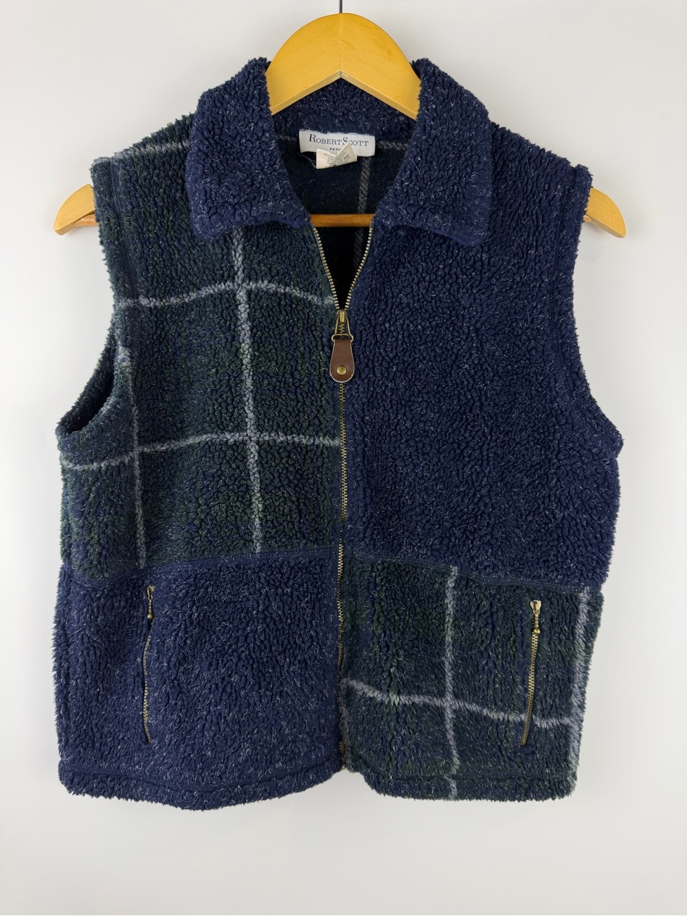 Robert Scott Petites Sherpa Fleece Vest Navy Plaid Zip Up Teddy Coat Sz PS